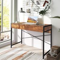 Costway - Computer Desk Metal Frame Study Table Home Office Workstation with 2 Drawers - Rustic B... - Angle