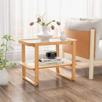 Costway 1 PC Bamboo Side Table with Rattan Shelf Glass Top Nightstand Small Sofa End Table - Natural - Angle