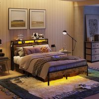 Bestier - Bed Frame Platform Bed with Storage Headboard LED Lights and Charging Station Full - Brown - Angle