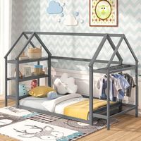 Costway Twin Size House Bed Montessori Floor Bed with Detachable Storage Shelves - Gray - Angle