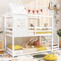 Costway Twin House Bunk Bed with Stairs Roof Rails & Window Full-length Guardrails - White - Angle