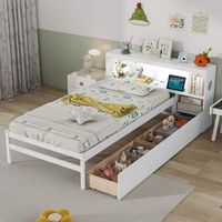 Costway Twin Size Bed Frame with LED Light & Power Outlet Bookcase Headboard Drawers - White - Angle
