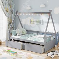 Costway Twin Size House Bed with Roof Safety Guardrail 2 Storage Drawers Wood Slat Support - Gray - Angle