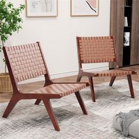 Costway Set of 2 Woven Leather Accent Chair Mid Century Rubber Wood Armless Side Chair - Brown - Angle