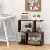 Costway - 2-Tier Bookshelf Free Standing Wooden Display S-Shaped Shelf Storage Rack - Brown - Angle