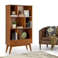 Simpli Home - Draper Mid-Century Modern Solid Hardwood 6-Shelf 2-Drawer Bookcase - Teak Brown - Angle
