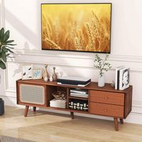 Costway Bamboo TV Stand Console Table with PE Rattan Door & 2 Drawers for TV up to 65