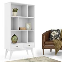 Simpli Home - Draper Mid-Century Modern Solid Hardwood 6-Shelf 2-Drawer Bookcase - White - Angle