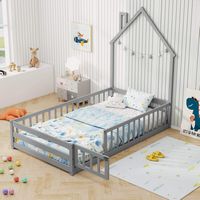 Costway Twin Size Montessori Floor Bed for Toddler with Lockable Door Full-Length Guardrail - Gray - Angle
