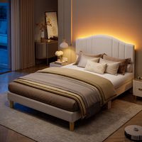 Pinmoco - Full Upholstered Platform Bed Frame with Adjustable LED Arc Headboard - Fabric Beige - Angle
