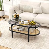 Costway 2-Tier Coffee Table Tempered Glass Top with PE Rattan Shelf & Acacia Wood Frame - Black - Angle