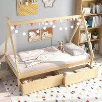 Costway Twin Size Wooden House Bed with 2 Drawers Roof Storage for Boys & Girls - Natural - Angle