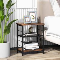 Costway 2 PCS 3-Tier Side End Table with Adjustable Mesh Shelf Narrow Nightstand - Rustic Brown - Angle