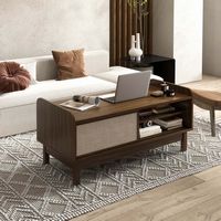 Costway Rectangular Coffee Table with Storage Weaving Sliding Door & Adjustable Shelf - Walnut - Angle