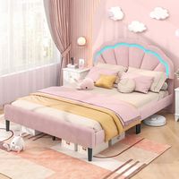 Costway Queen Size Upholstered LED Bed Frame Soft Velvet Platform Bed with Flower Headboard - Pink - Angle