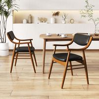 Costway PU Leather Dining Chair Set of 2 with Padded Seat & Back Armrests Rubber Wood Frame - Black - Angle