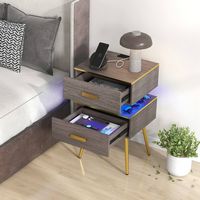 Costway 1 PCS Nightstand with Charging Station Bedside Sofa Side Tables with 2 Drawers - Grey + Gold - Angle