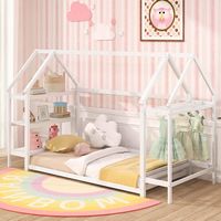 Costway Twin Size House Bed Montessori Floor Bed with Detachable Storage Shelves - White - Angle