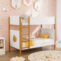 Costway 2-in-1 Twin Over Bunk Bed Frame with Integrated Ladder & Safety Guardrails - White & Natural - Angle