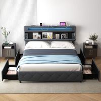 Costway Queen Size Bed Frame with Led Lights & Charging Station & Modern Upholstered Bed - Gray - Angle