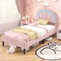 Costway Twin Size Upholstered LED Bed Frame Soft Velvet Platform Bed with Flower Headboard - Pink - Angle
