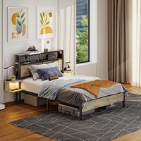 Bestier Full Bed Frame Golden Stripe Headboard LED Nightstands Metal Platform with Charging Stati... - Angle