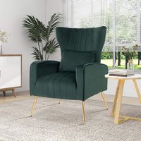 Costway - Velvet Upholstered Wingback Chair with Lumbar Pillow and Golden Metal Legs - Turquoise - Angle