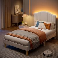 Pinmoco - Twin Upholstered Platform Bed Frame with Adjustable LED Arc Headboard - Fabric Beige - Angle