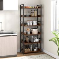 Costway - 6-Tier Bookshelf Open Display Shelves Storage Rack Metal Frame with 4 Hooks Rustic - Ru... - Angle