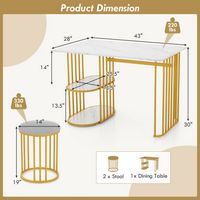 Costway 3 Piece Dining Table Set w/ 2 Stools 2-tier Storage Shelf Upholstered Seat - White and Gold - Angle
