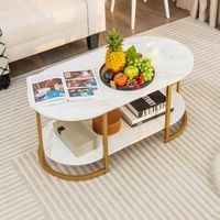 Costway White Marble Coffee Table  Modern 2-Tier Center Table with Open Storage Shelf - White and... - Angle