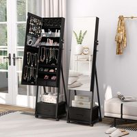 Costway - Jewelry Cabinet Armoire Full Length Mirror Lockable with Bottom Drawer & Wheels - Black - Angle
