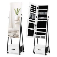 Costway - Jewelry Cabinet Armoire Full Length Mirror Lockable w/ Bottom Drawer & Wheels - White - Angle