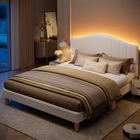 Pinmoco - Queen Upholstered Platform Bed Frame with Adjustable LED Arc Headboard - Fabric White - Angle