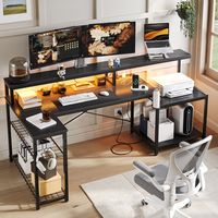 Bestier - L-Shaped Gaming Desk with Power Outlets, LED Lighting and Monitor Stand - Black - Angle