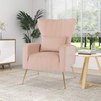 Costway - Velvet Upholstered Wingback Chair with Lumbar Pillow and Golden Metal Legs - Pink - Angle