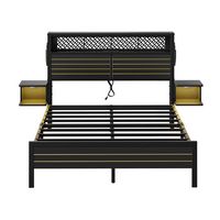 Bestier Full Bed Frame Golden Stripe Headboard LED Nightstands Metal Platform with Charging Stati... - Angle