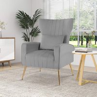 Costway - Velvet Upholstered Wingback Chair with Lumbar Pillow and Golden Metal Legs - Gray - Angle