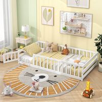 Costway Twin Size Floor Bed with Door & Fence with Safety Guardrails & Slats Support - White - Angle