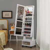 Costway - Jewelry Cabinet Armoire Full-Length Mirror Lockable with 3-Color LED Lights - White - Angle