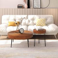 Costway Farmhouse Round CoffeeTable Set of 2 End Table Natural Finish for Living Room - Brown - Angle