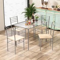 Costway 5 Piece Dining Set Table and 4 Chairs Glass Top Kitchen Breakfast Furniture Brown - Brown... - Angle