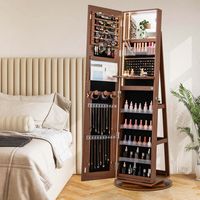 Costway - 360° Swivel Jewelry Cabinet Organizer 3-Color LED Mirror with Built-in Lights - Brown - Angle