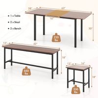 Costway 5 PCS Dining Table Set for 4-6 w/ 2 Benches & 2 Stools Metal Frame Dining Room - Walnut - Angle