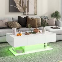 Costway LED Coffee Table with 2 Drawers 20-Color Dimmable LED Lights & Remote Control - White - Angle