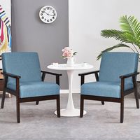Costway - Set of 2 Fabric Accent Armchair Solid Wood Upholstered Lounge Chair - Blue - Angle