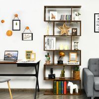 Costway - 6 Tier S-Shaped Bookshelf Storage Display Bookcase Decor Z-Shelf - Coffee - Angle
