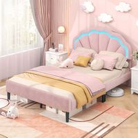 Costway Full Size Upholstered LED Bed Frame Soft Velvet Platform Bed with Flower Headboard - Pink - Angle
