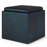 Simpli Home - Rockwood Cube Storage Ottoman with Tray - Distressed Dark Blue - Angle