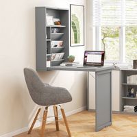 Costway - Wall Mounted Computer Convertible Desk with Bookcases - Grey - Angle